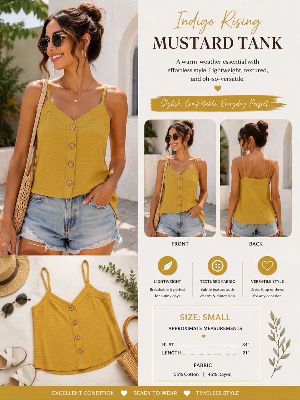 Indigo Rising Mustard Textured Button Front Tank Size Small - Picture 8 of 8